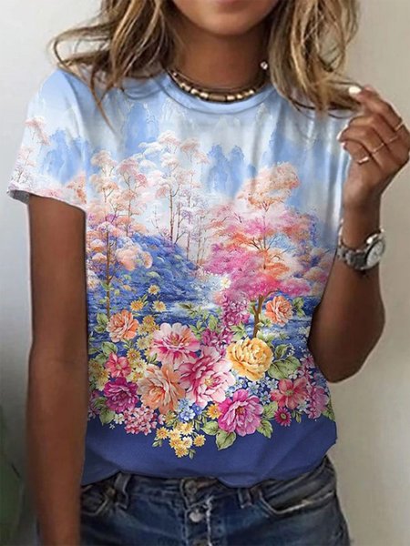 

Vacation Floral Crew Neck T-shirt, Blue, Tops