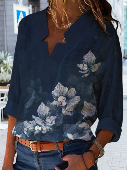 

Floral Printed Vacation Notched Long Sleeve Shirts & Tops, Dark blue, Tops
