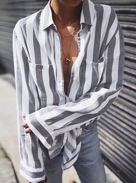 

Casual Striped Shirt Collar Shirts & Tops, Gray, Blouses & Shirts