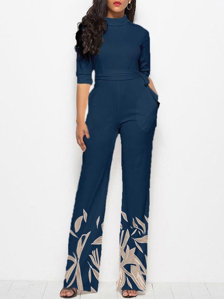 

Elegant Stand Collar Printed One-Pieces Jumpsuit, Navy blue, Jumpsuits