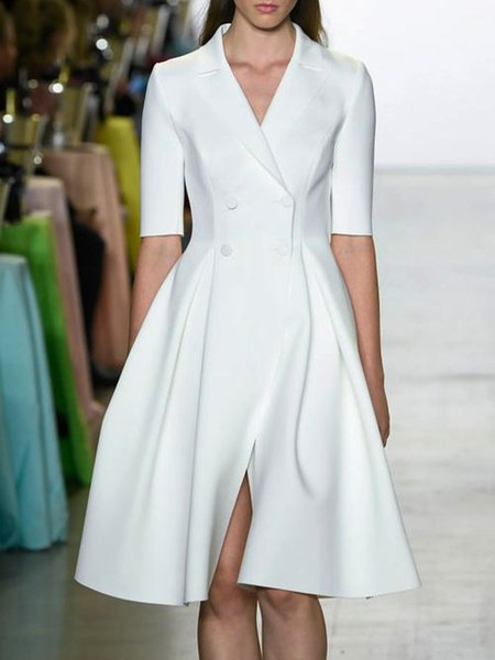 

Solid Lapel Work Formal Half Sleeve Dress, White, Midi Dresses