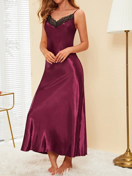 

Casual Sexy Longline Satin Sleepwear Cami Dresses, Red, Casual Dresses