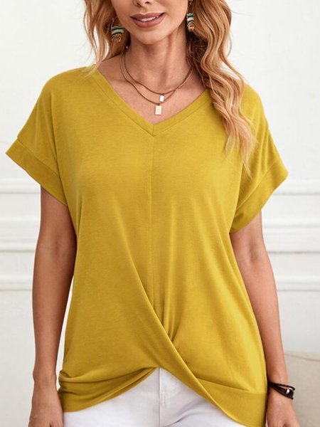 

Solid V-neck Twist Tee, Yellow, T-Shirts