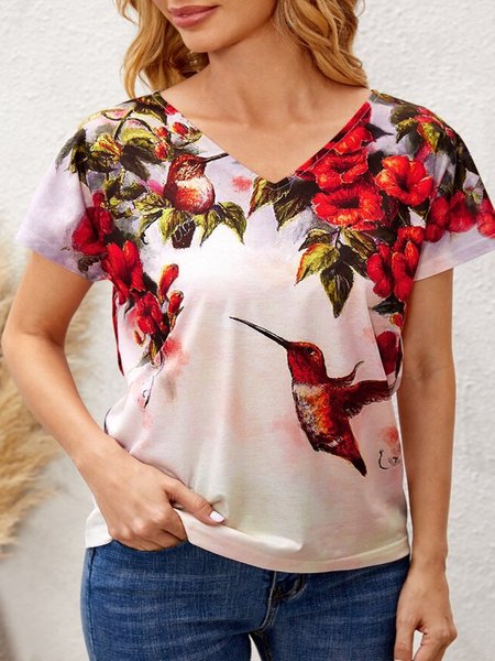 

V-Neck Floral Print Tee, Multicolor, T-Shirts