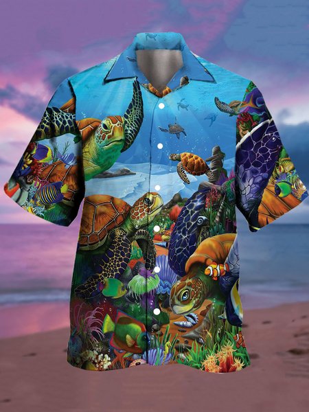 

Mens Turtle Print Casual Breathable Casual Hawaiian Short Sleeve Shirt, As picture, Shirts ＆ Blouse