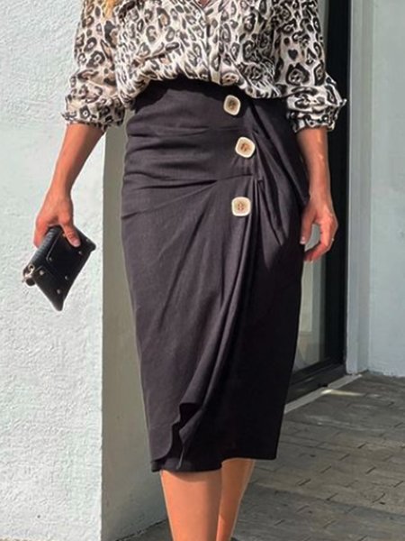 

Work Regular Fit Buttoned Skirt, Black, Midi Skirts