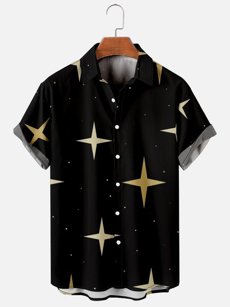 

Starry Geometric Contrast Short-Sleeved Shirt, Black, Men's Floral shirt