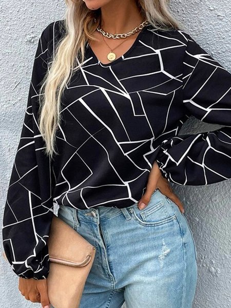 

Simple Loosen Printed Geometric Casual Shirts & Tops, Black, Tops