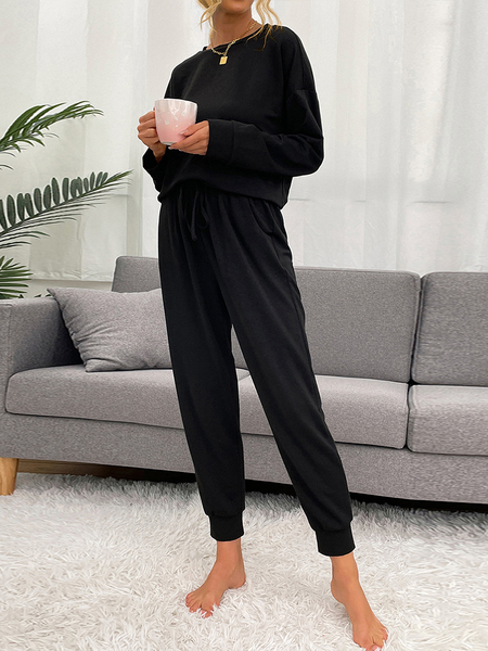 

Plain Crew Neck Cotton Off Shoulder Suits, Black, Suit Set
