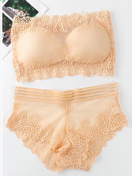 

One-line Sexy Lace Tube Top Panty Suit, Nude, Underwear