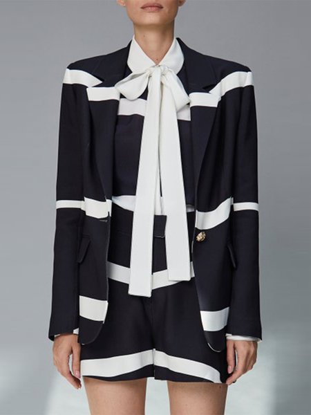 

Simple Long Sleeve Striped Regular Fit Outerwear, Black-white, Blazers