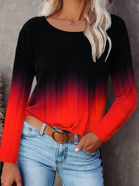 

Ombre Casual Round Neck Long Sleeve Loosen Shirts & Tops, Black-red, Tops
