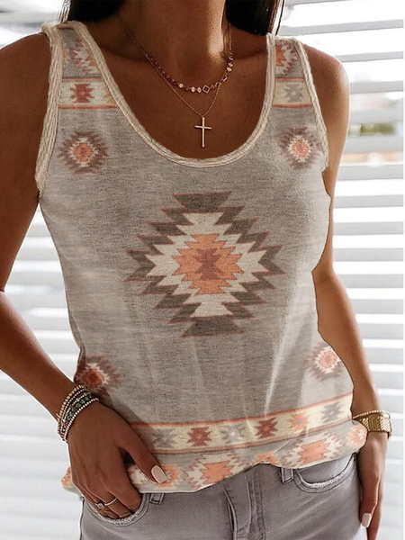

Geometric Print Casual U-neck Sleeveless Vests, Khaki, Tanks & Camis