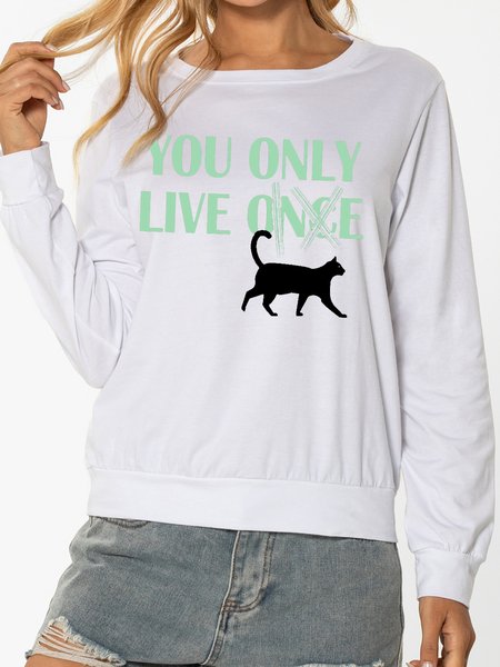 

Unocis Cat Print Round Neck Long Sleeve Sweatshirt, White, Sweatshirts