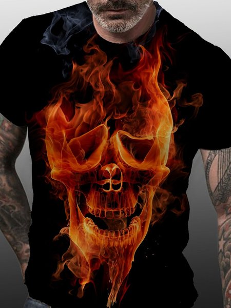 

Fire Skull Short Sleeve Vacation Tshirts, Black, T-shirts