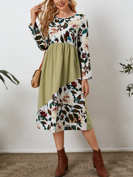 

Casual Cotton Blends Floral Dresses, Green, Floral Dresses