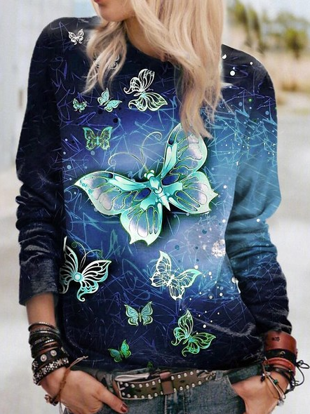 

Round Neck Butterfly Vacation Shirts & Tops, Blue, Tops