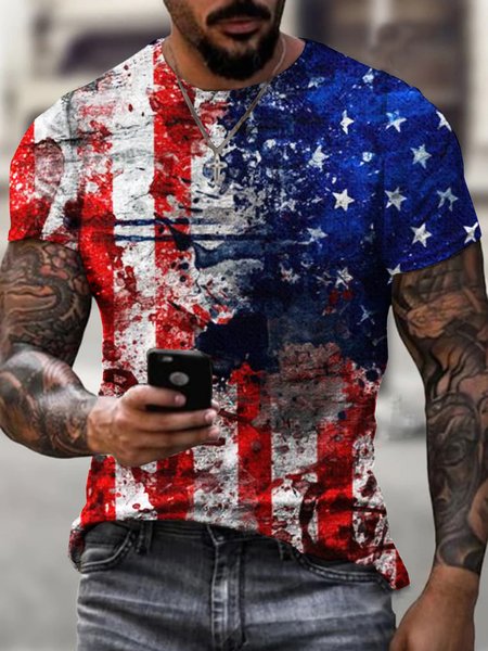 

Men's Casual Tee 3D Print Graphic American Flag Short Sleeve Outdoor T-shirt, Blue, T-shirts