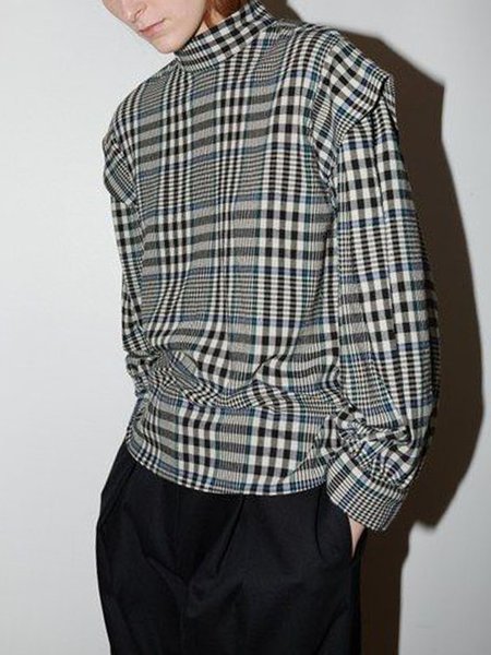 

Loosen High Neck Grid Vintage Top, As picture, Blouses and Shirts