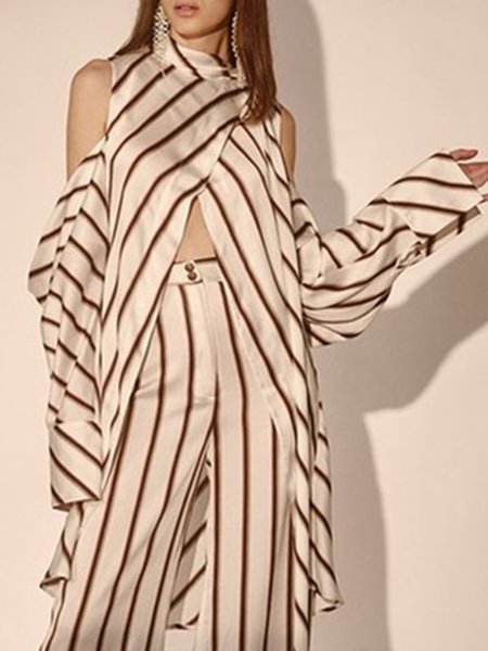 

Striped Stand Collar Elegant Regular Fit Top, Apricot, Tops