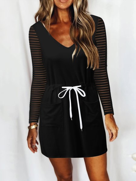 

V-neck long-sleeved lace-up mid-waist pocket dress women, Black, Mini Dresses