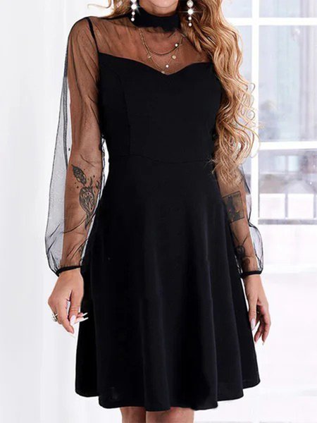 

Tinta unita Maniche Lunghe Patchwork taglia grande Gonna Casuale, Nero, Mini Dresses