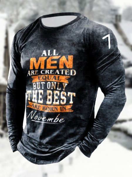 

Men's Letter Pattern Casual Round Neck Long Sleeve Tee, Black, T-shirt