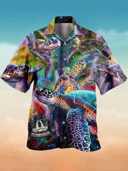 

Mens Turtle Print Casual Breathable Casual Hawaiian Short Sleeve Shirt, As picture, Men's Floral shirt