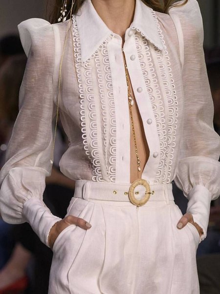 

Shirt Collar Long Sleeve Elegant Daily Top, White, Blouses and Shirts