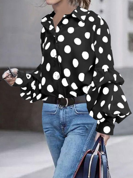 

Casual Polka Dots Shirt Collar Shirts & Tops, Black, Shirts & Blouses