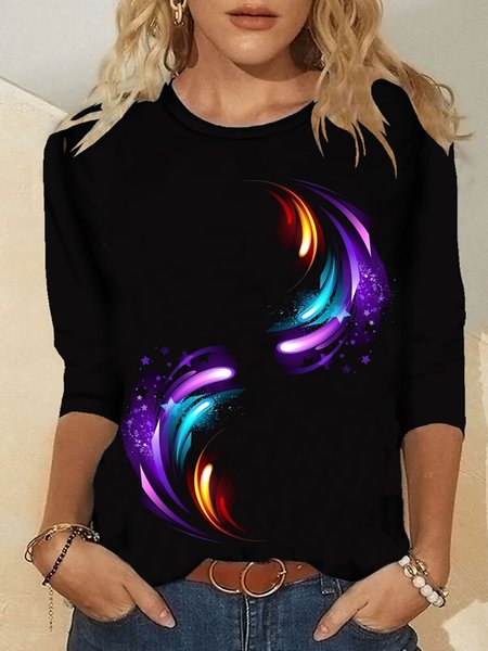 

Casual Long Sleeve Round Neck Plus Size Printed Tops T-shirts, Black, T-Shirts