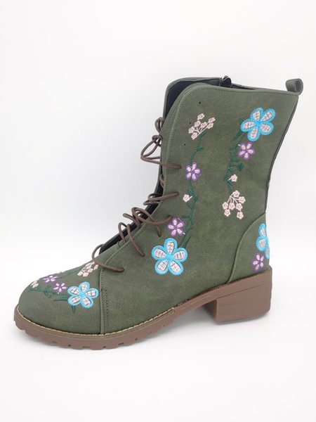

Vintage Ethnic Embroidery Floral Martin Combat Boots, Green, Boots
