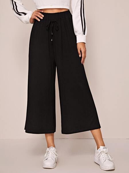 

Drawstring Waist Wide Leg Capris Pants, Black, Pants