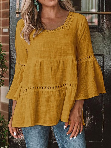 

3/4 Flared Sleeve Solid Loosen U-Neck Vacation Shirts & Tops Lace Patchwork, Yellow, Blouses & Shirts