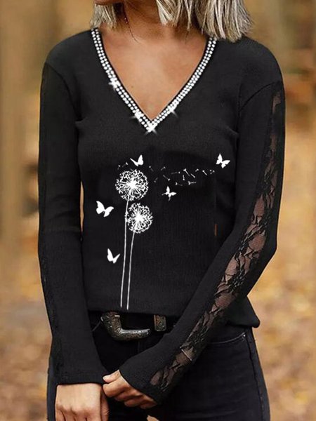 

Regular Fit V Neck Butterfly Shirts & Tops, Black, Tops