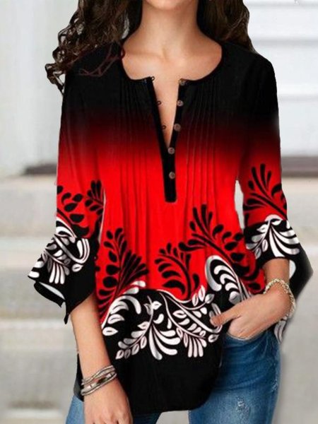 

Gradient Casual Buttoned 3/4 Sleeve Shirts & Tops, Red, Tops