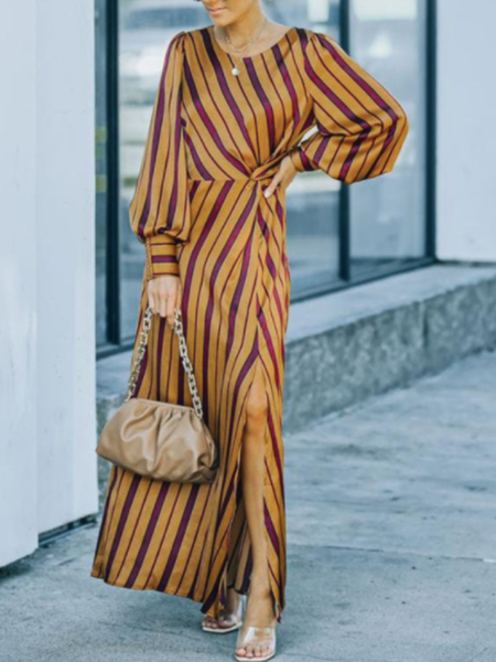 

Spring A-line Crew Neck Regular Fit Simple Lightweight Dresses, Stripe, Maxi Dresses
