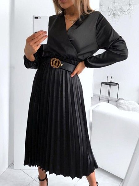 

Elegant Plain Long Sleeve Daily Midi Dress, Black, Midi Dresses