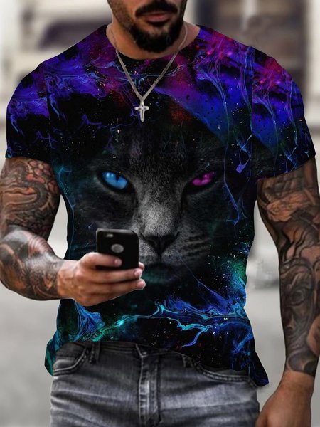 

Men's Casual 3D Print Starry Sky Cat Street Crew Neck T-shirt, Blue, T-shirts