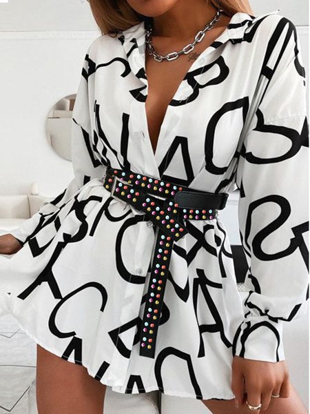 

Shirt Collar Loosen Letter Dresses, Black-white, Mini Dresses