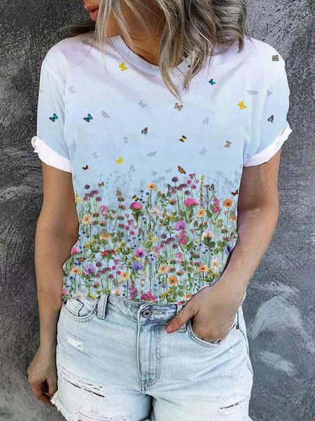 

Floral Loosen Cotton Blends Shirts & Tops, Multicolor, Tees & T-shirts