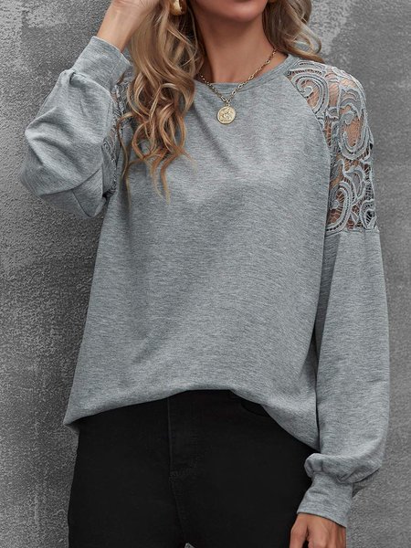 

Pizzo Girocollo Allentare Casuale Top, Grigio, Blouses & Shirts