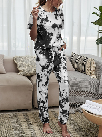 

Tie Dye Crew Neck Off Shoulder Loosen Suits, Black, Suit Set