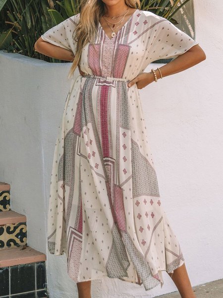

Loosen Geometric Casual Weaving Dress, Apricot, Midi Dresses