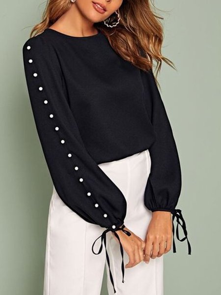 

Crew Neck Loosen Plain Long Sleeve Cute Top, Black, Blouses and Shirts