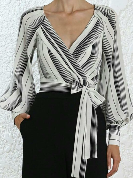 

Spring Regular Fit V Neck Striped Long sleeve Long sleeve Blouse, Stripe, Blouses and Shirts