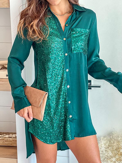 

Sequin Pocket Casual Shirt Dresses, Green, Casual Dresses