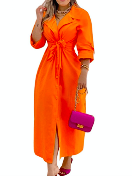 Spring Simple Date Daily Lightweight Three Quarter Dresses, Orange, Midi Dresses