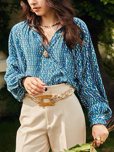 

Tie Neck Geometric Frill Sleeve Shirts & Tops, As picture, Blouses and Shirts