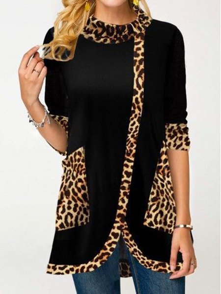 

Long Sleeve Leopard Cowl Neck Casual Shirts & Tops, Black, T-Shirts